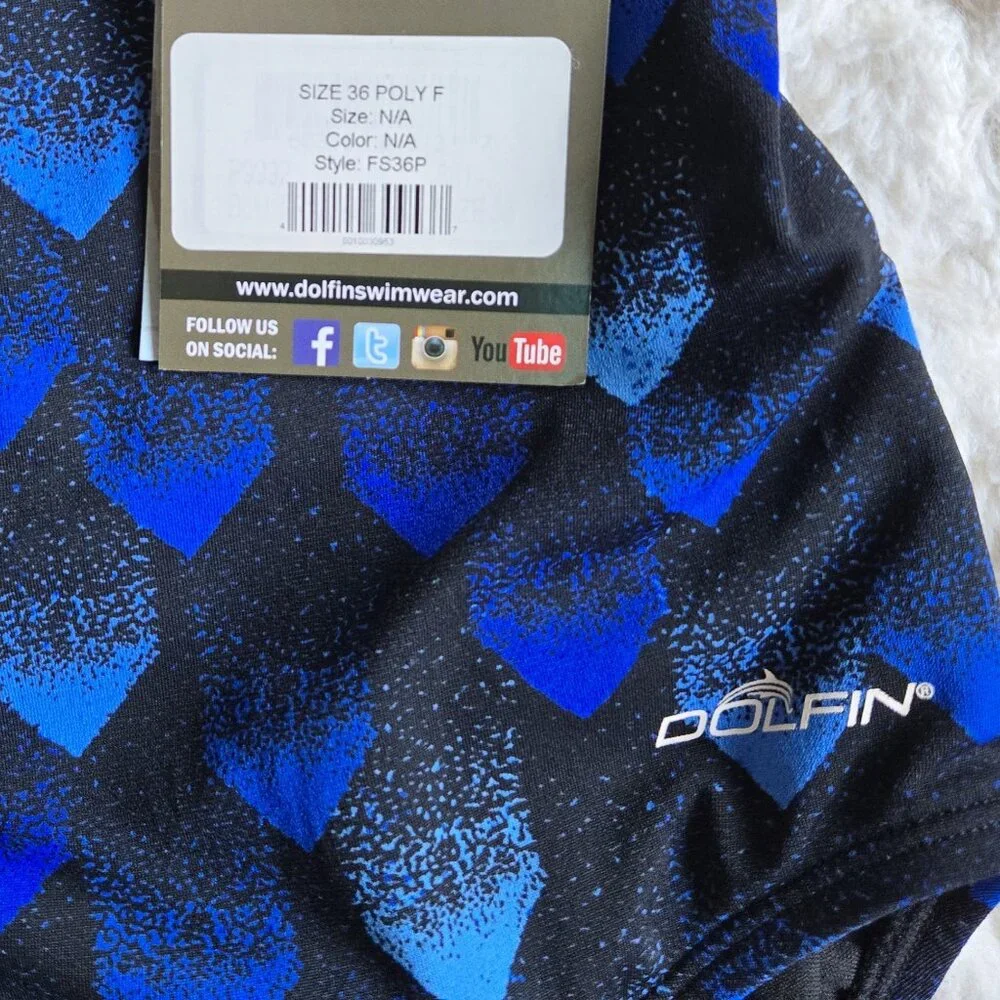 NWT DOLFIN RELIANCE Blue/Black Geo 1-Piece Competition Swim Suit Women's 36/10